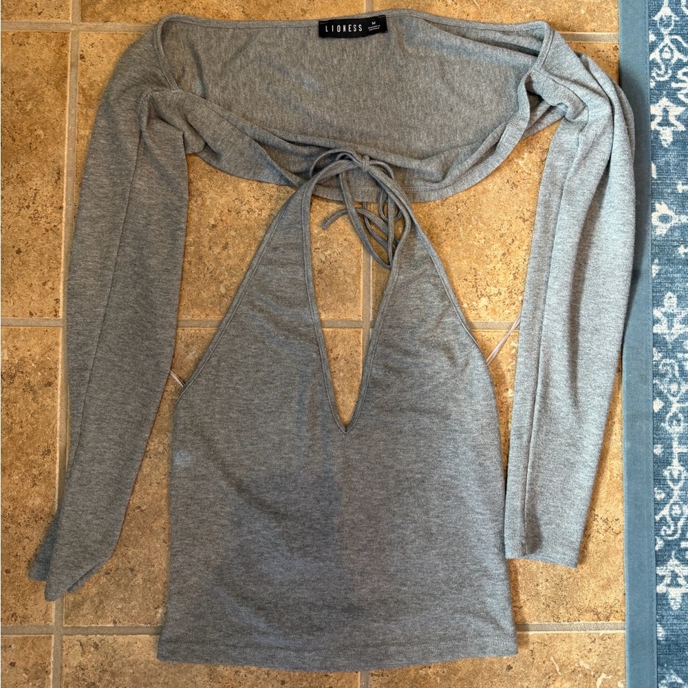 Lioness Light Grey Long-Sleeve Halter Cutout Crop Top